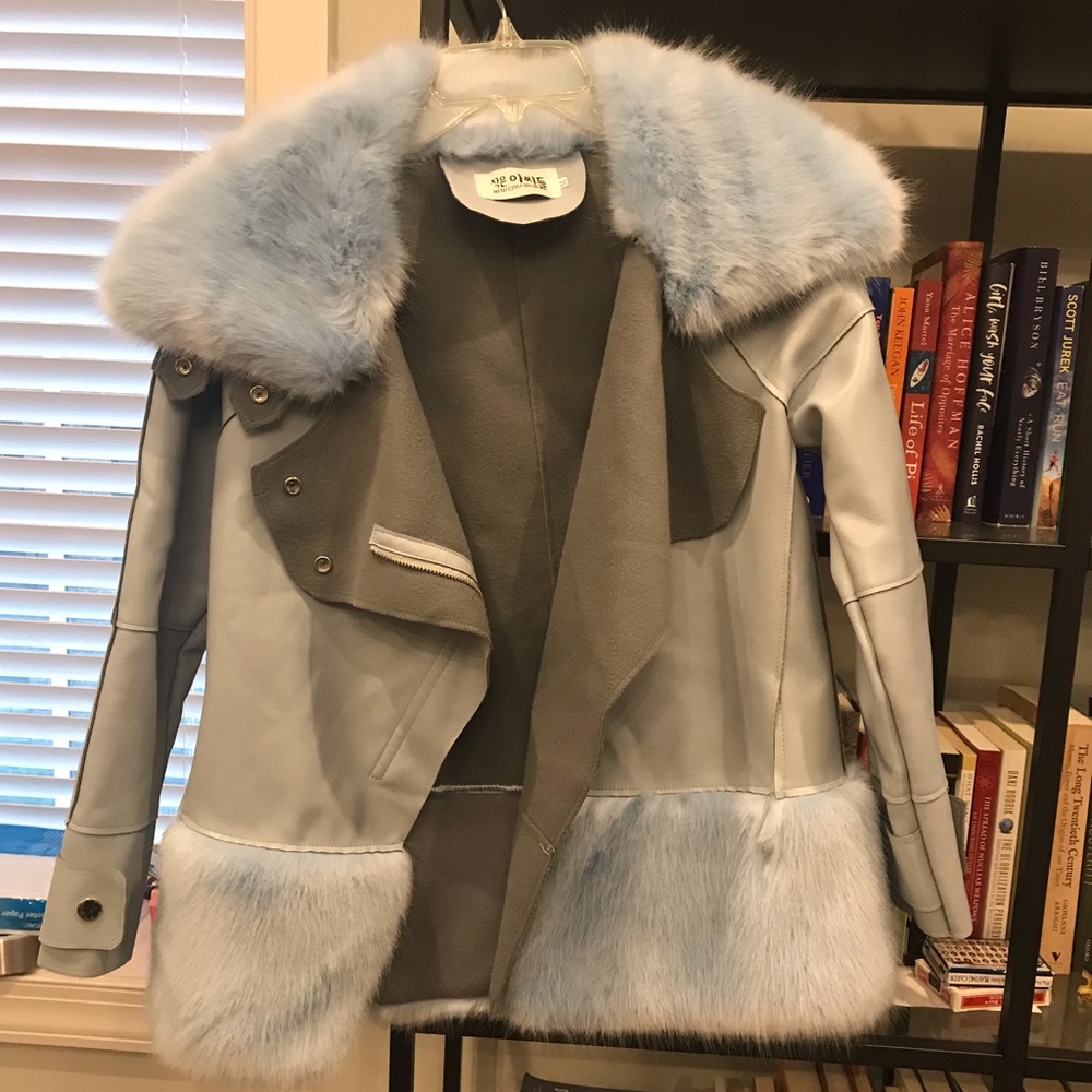 Blue leather and blue fur swing coat